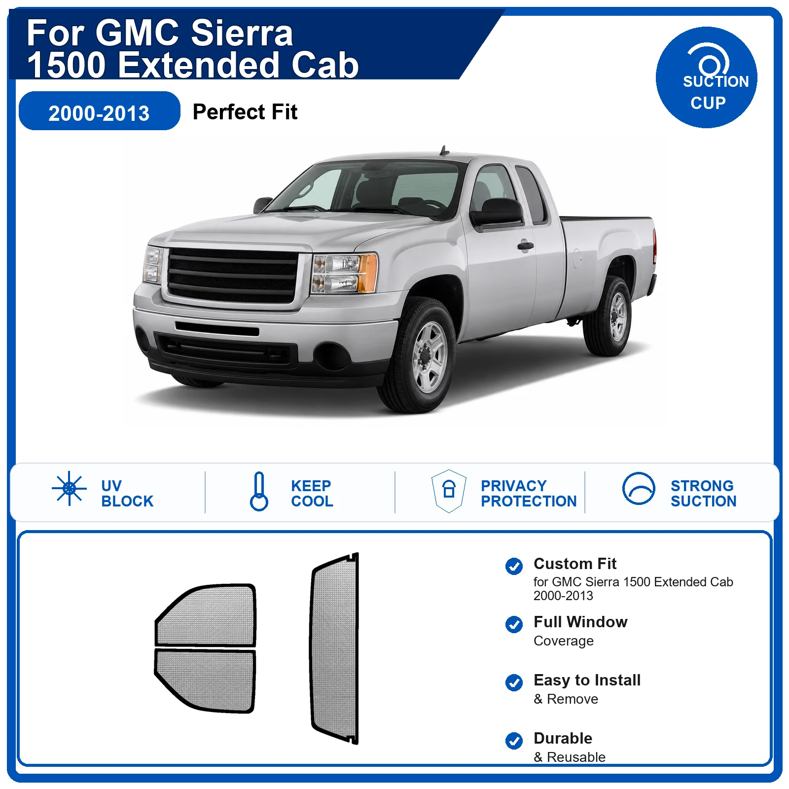 For GMC Sierra 1500 Extended Cab 2000-2013 Custom Full Set Windshield Sun Shade Aluminum Foil Heat Insulation Anti UV Foldable
