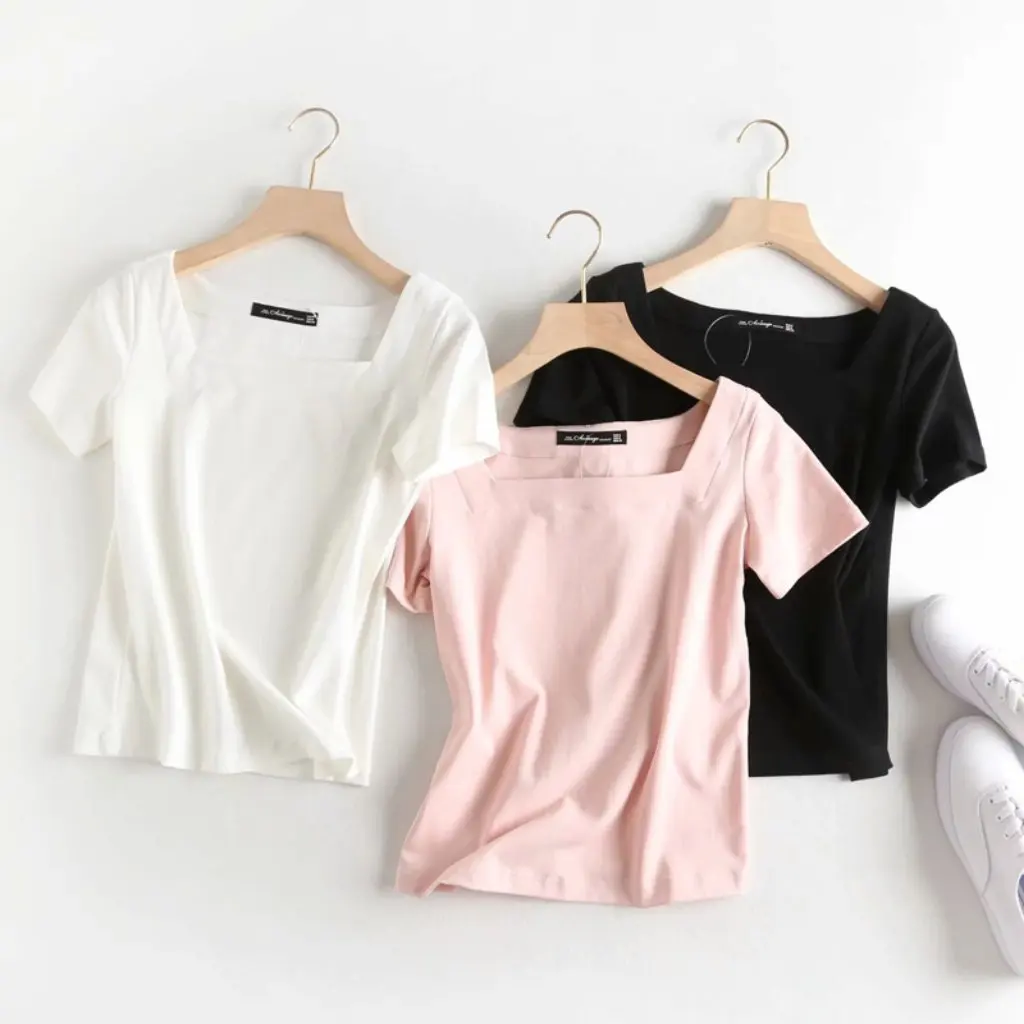 

Летняя женская футболка с короткими рукавами в корейском стиле, простой однотонный облегающий повседневный модный топ с квадратным воротником для Instagram