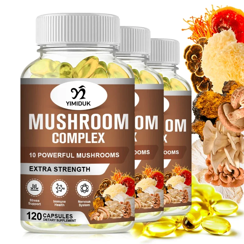 Vegan 10x Mushroom Complex Capsules with Lions Mane, Chaga, Reishi, Cordyceps For Men & Women Mood & Stress Dietary Supplement