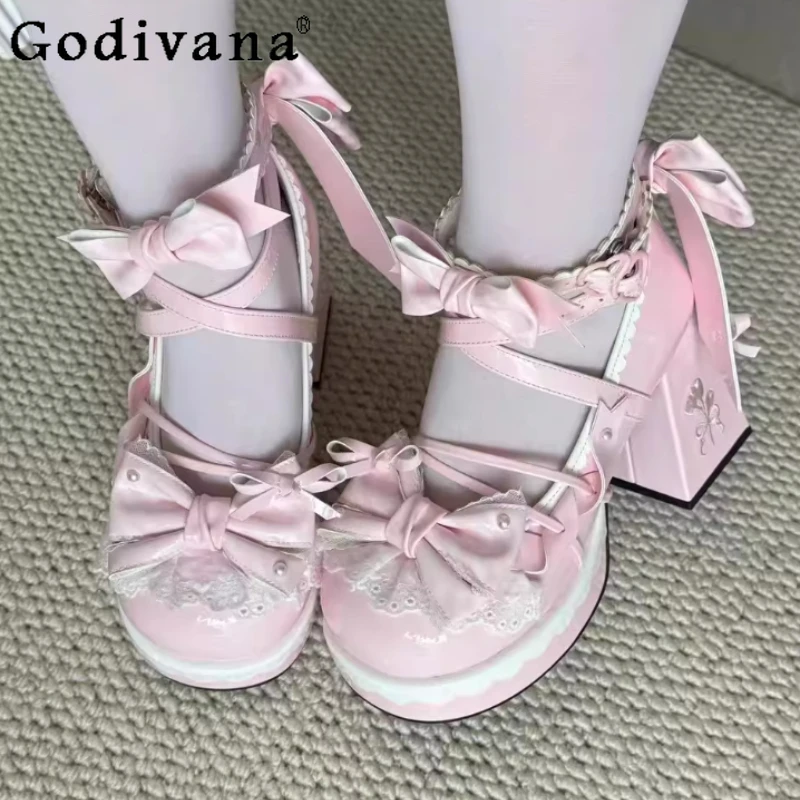 

Japanese Original Lolita High Heels Sweet Cute Round Toe Chunky Heel Bow Cross Strap Single Shoes for Women