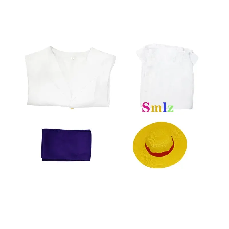 White Luffy cosplay anime gear 5 Nik form costume outfit adult kid full set White Shirt pants sash wigs