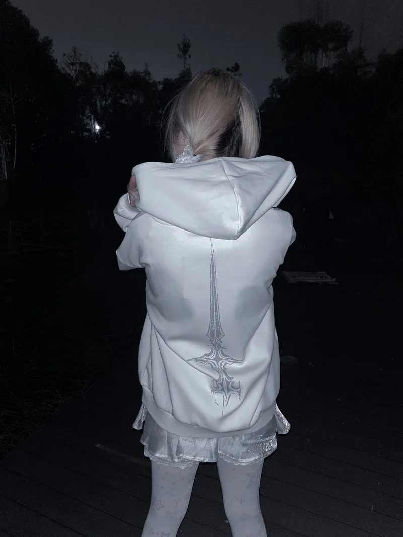 Harajuku Subculture Personality Hooded Sweatshirts Rock Punk Loose Casual Front And Back Printed Zipper Top Women's Hoodies Coat