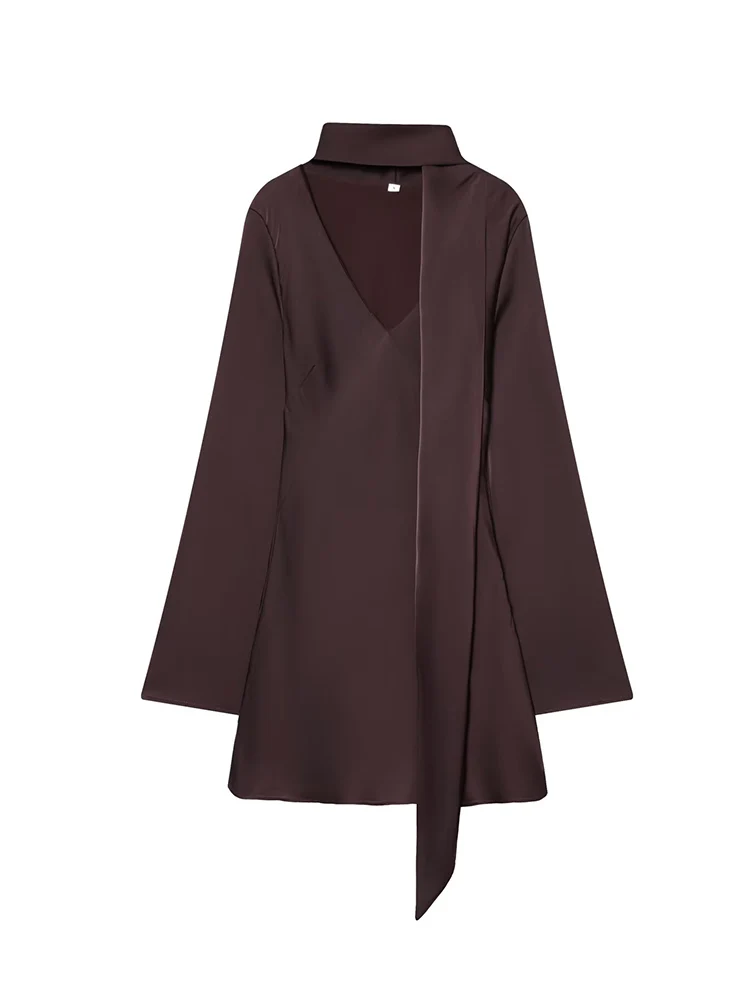 Novo vestido de festa feminino com gola cachecol sólido decote em v alargamento manga longa mini vestido verão cetim elegante chique vestido de moda feminina