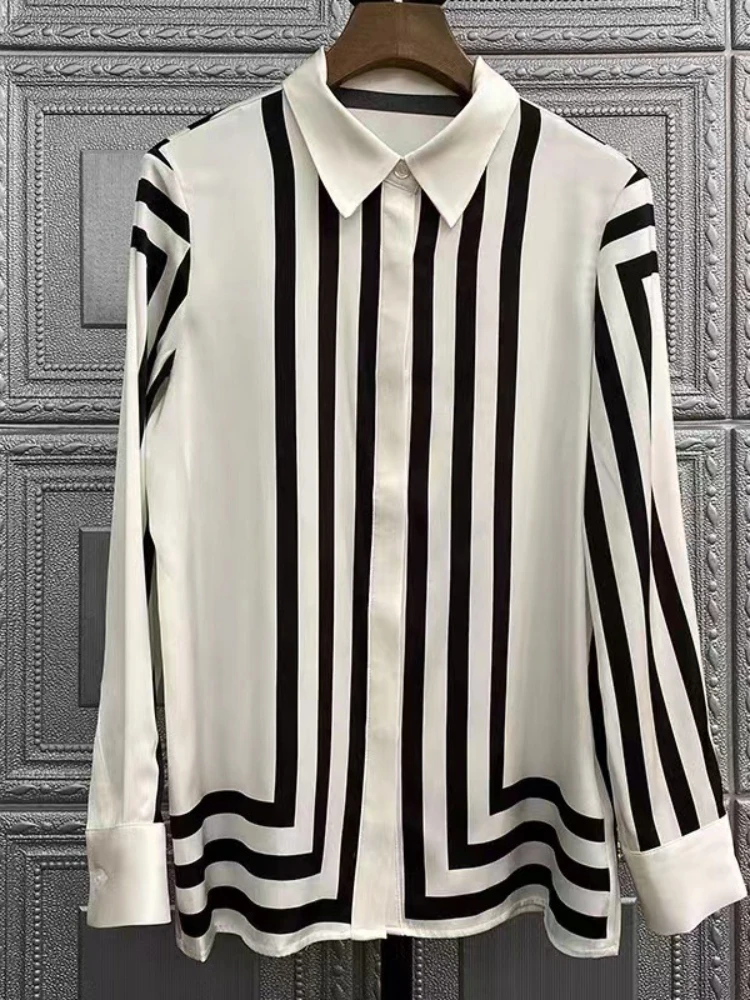 High Quality Silk Long Sleeved Shirt Women's Autumn Wear New Mulberry Silk Temperament Striped Printed Top Shirt Elegantes Y2k