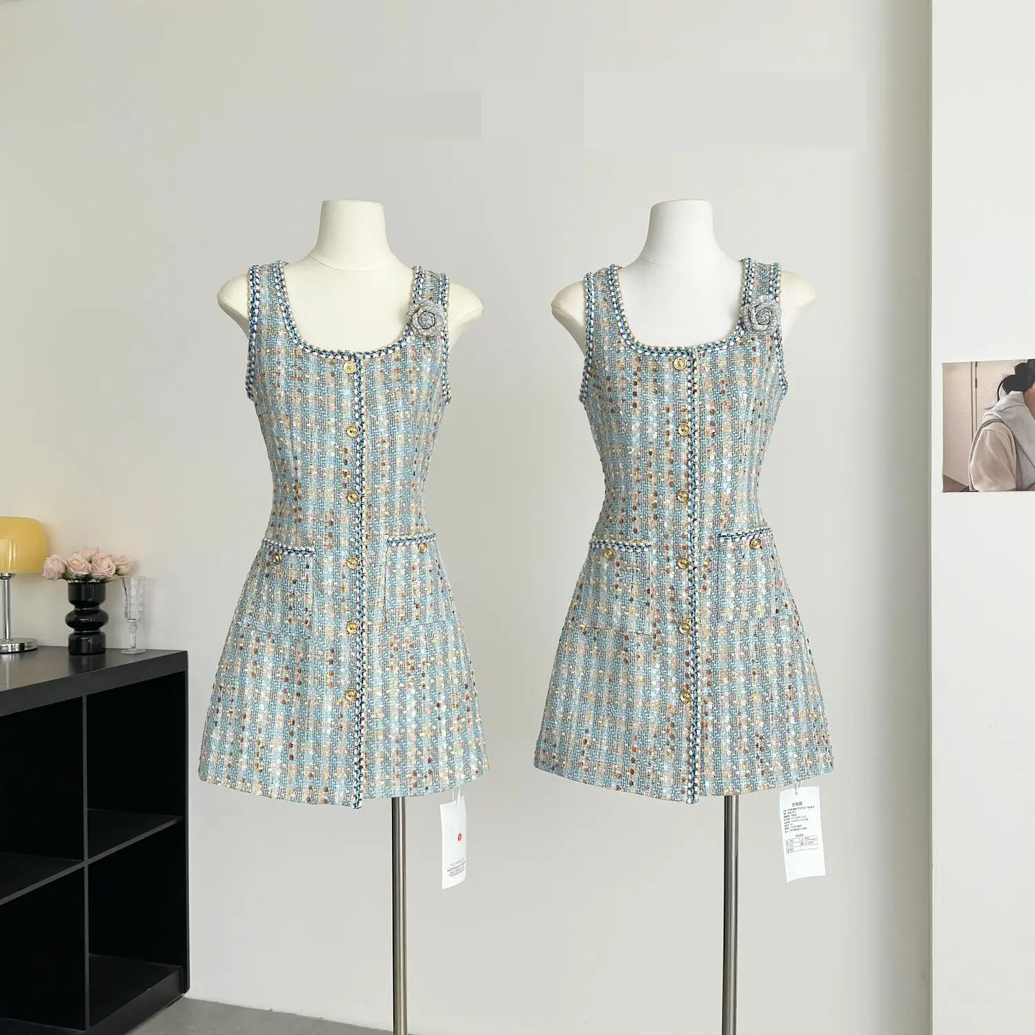 

Women's Elegant French Style Square Neck Sleeve Single Breasted A Line Tweed Dress Lady Streetwear Sleeveless Blue Short Dress