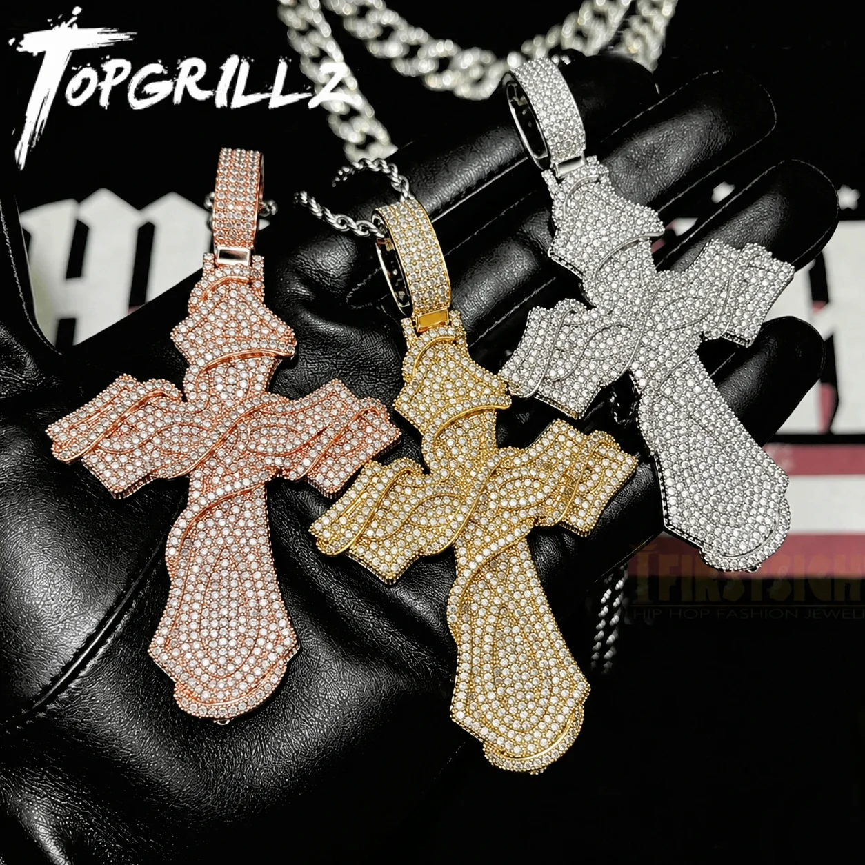 TOPGRILLZ Streetwear Hip Hop Iced Out Wrapped Cross Pendant Necklace Gold Plated Copper Micro Pave CZ Twist Chain For Men&Women
