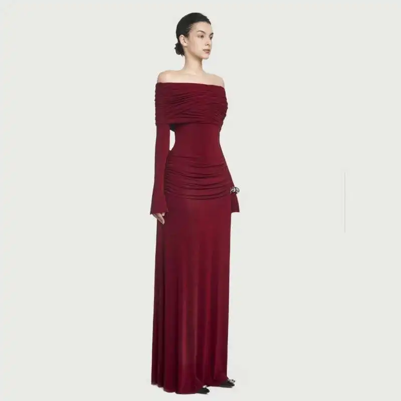 pleated dress slash neck Women's Iris Boat Neck Pleated Maxi Dress S/M/L/XL/Customize Black/Burgundy/Dark Green/Chocolate Brown MEAN BLVD Chocolate Brown / XL