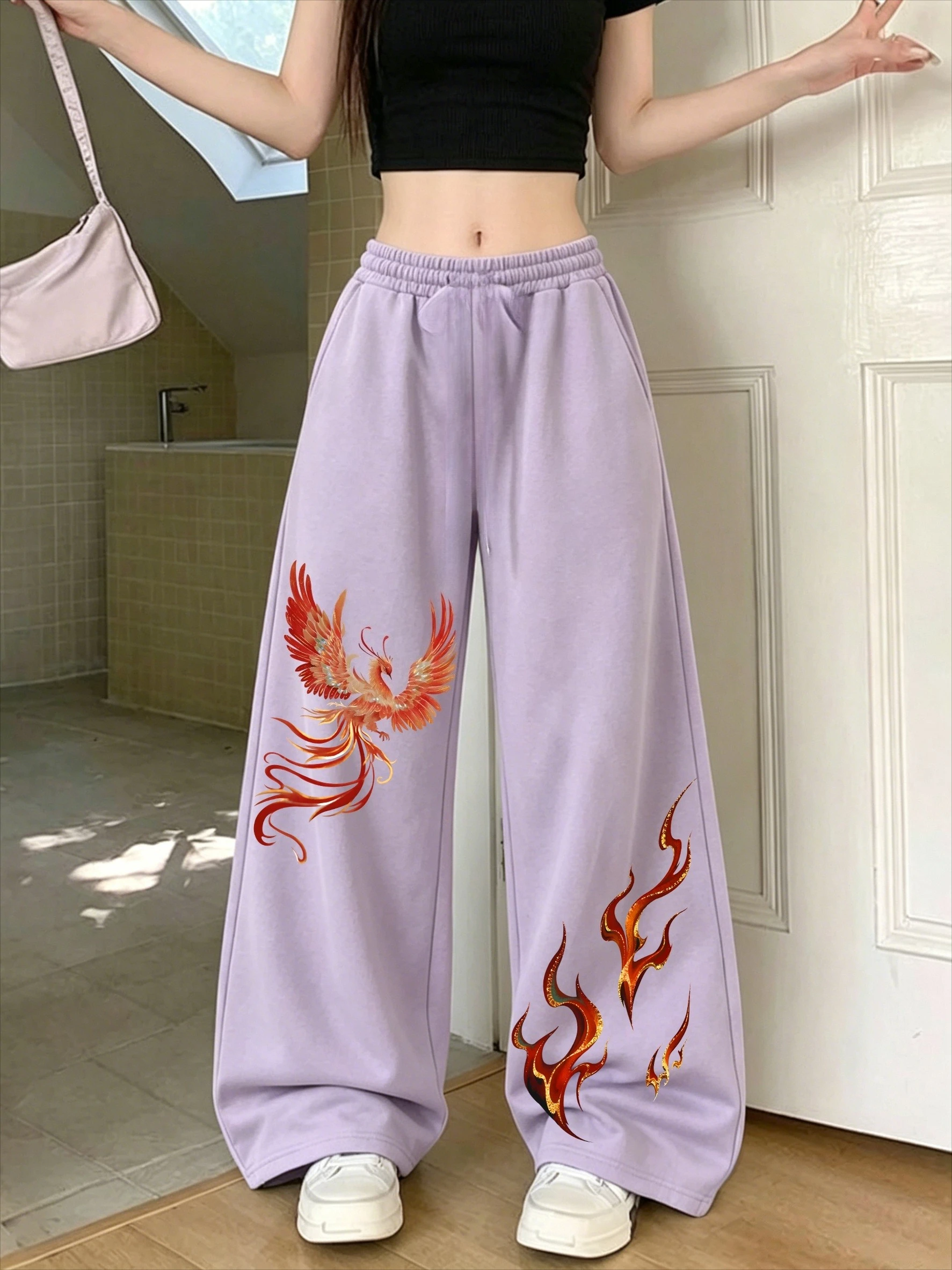 American Street Style Phoenix Flame Printed Wide Leg Pants for Men and Women in Plus Size Y2K Subculture Casual Pants