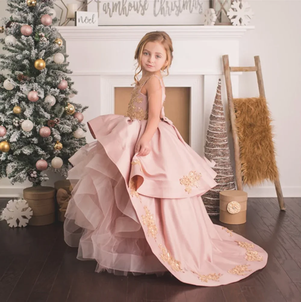 Pleat Wedding Sleeveless Floor Length Long Ball Flower Girl Dress Applique Sweep Train Formal First Communion Dress Customized