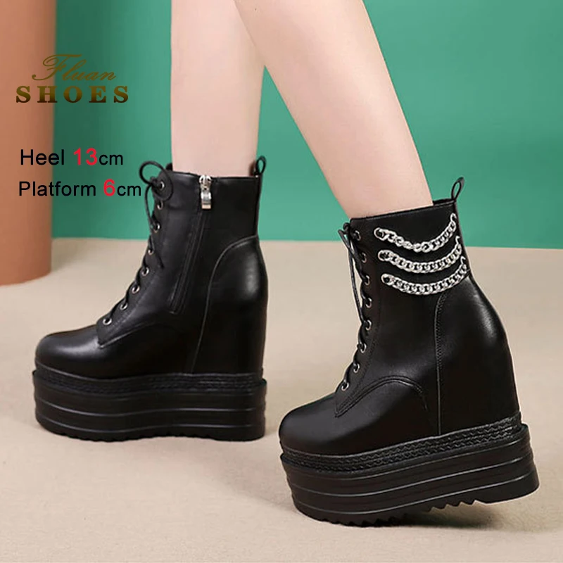 جديد الخريف الشتاء جديد أحذية بوت قصيرة الارتفاع زيادة النساء حذا فردي للسيدات النمط البريطاني منصة سميكة الدانتيل يصل عالية الكعب حذاء من الجلد #4