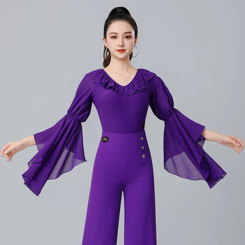 ใหม่Latin Dance Topsผู้หญิงแขนยาวRuffle Edge Jumpsuitฝึกเสื้อผ้าChacha Rumba Tango Latin Dance DN20591