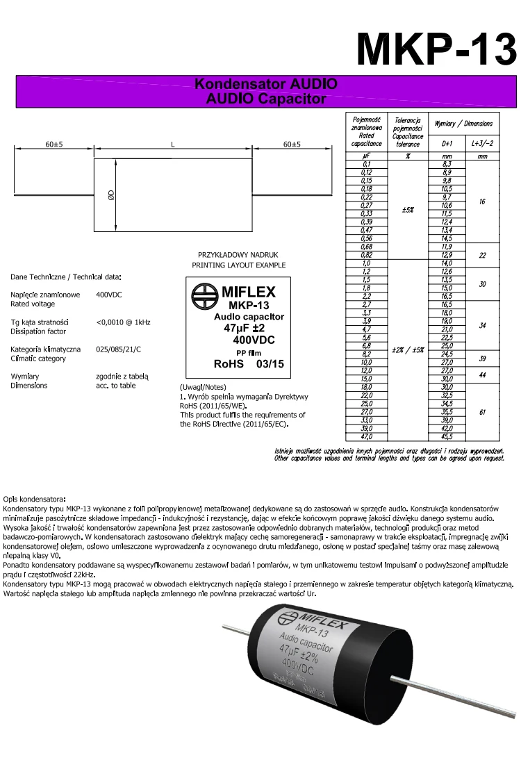 2 pièces/lot Pologne importations MIFLEX MKP-13 ± 2% alliage zinc feuille audio tube amplificateur couplage diviseur fièvre condensateur livraison