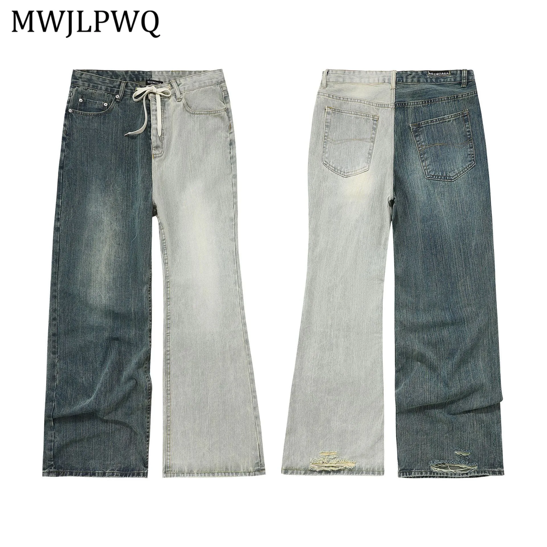 

MWJLPWQ High Street Double Color Block Asymmetric Jeans Men's Hiphop Drawstring Loose Trendy Style Flared Pants Autumn New 11348