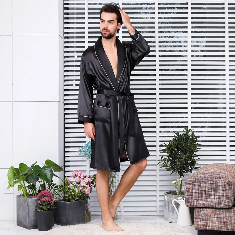 Homens de luxo Silky Satin Kimono Robe 5XL Manga Longa Sleepwear Roupão & Shorts Cetim Camisola Verão Casa Roupas Dropship