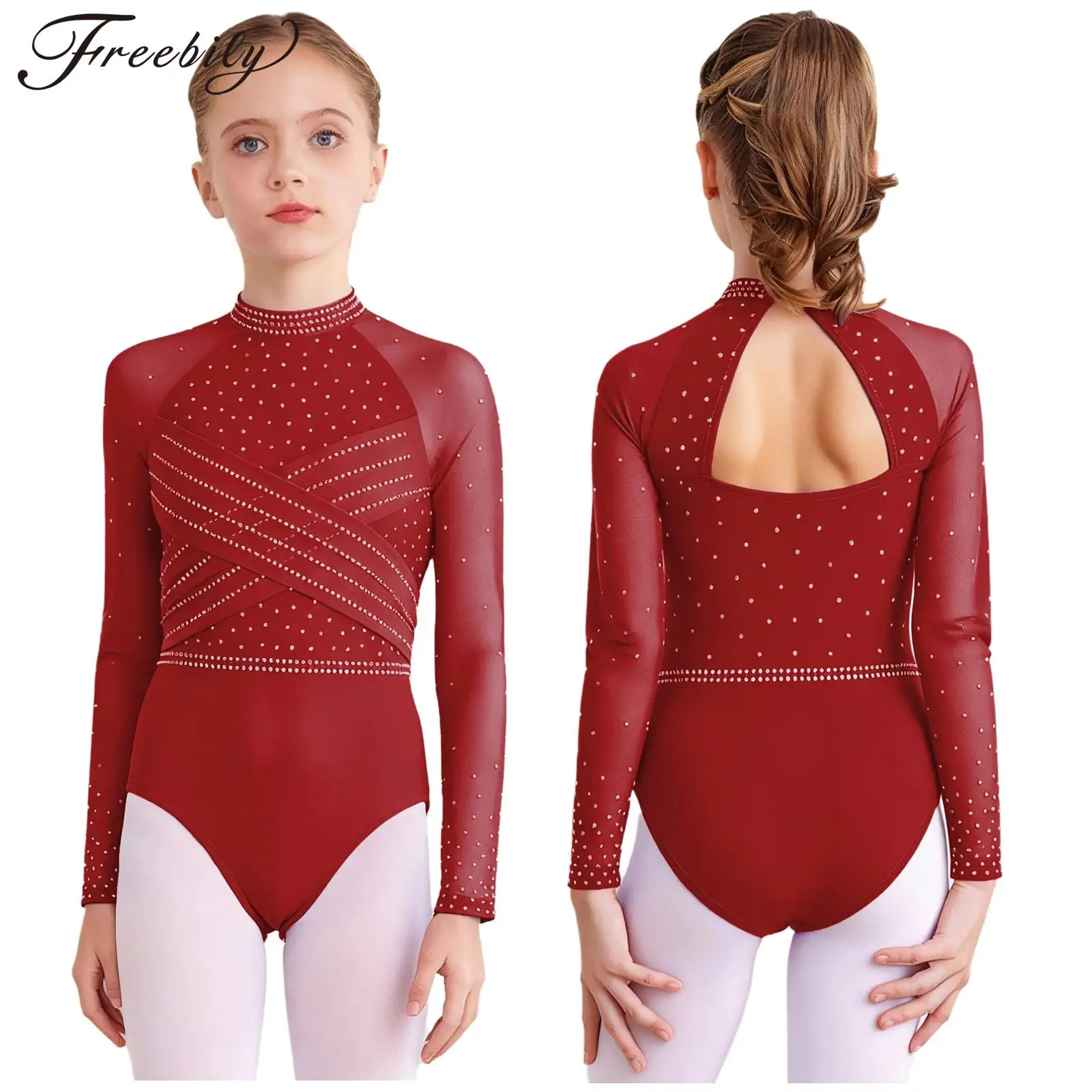 6-16Y الفتيات الجمباز الشكل التزلج يوتار بقماش شفاف لامعة حجر الراين طويلة الأكمام ارتداءها الباليه الرقص البهلوانية بذلة