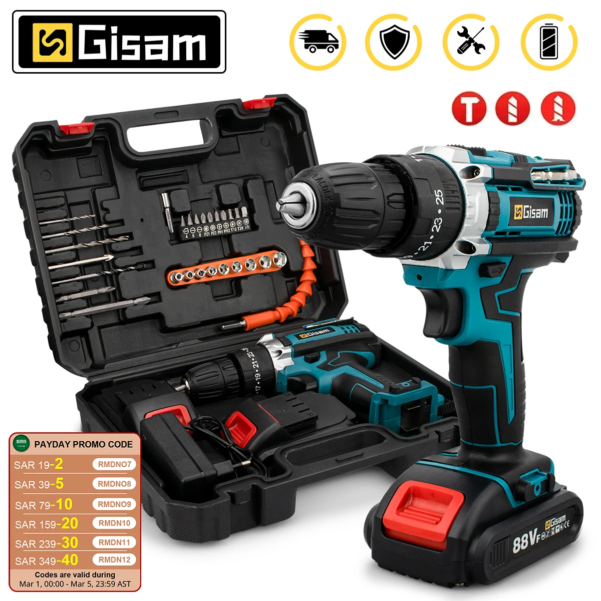 Gsiteis bateria chave de fenda impacto multifuncional sem fio furadeira ferramenta elétrica 25 + 3 configuração torque 2 velocidade engrenagem chave de fenda elétrica