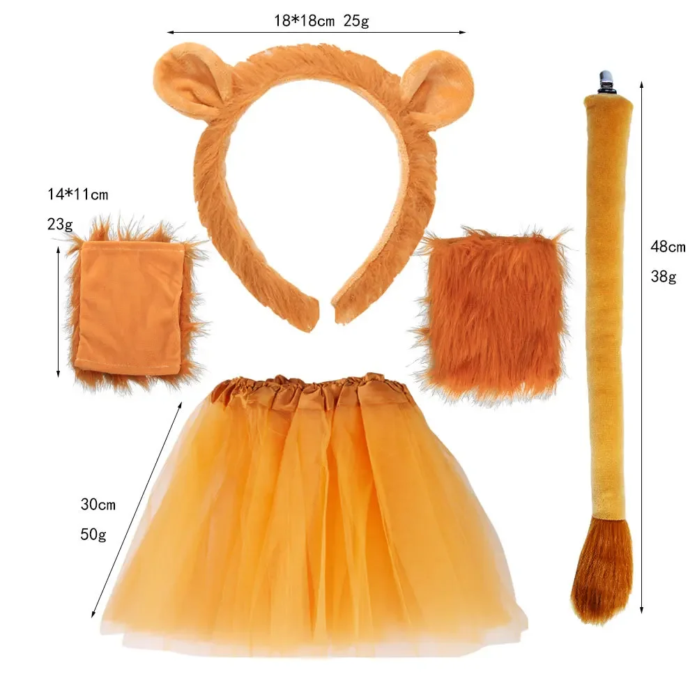 Lion Costume Set Ears Headband Paw Gloves and Tails Skirt for Kids Adult Halloween Dress-Up Accessory Kit