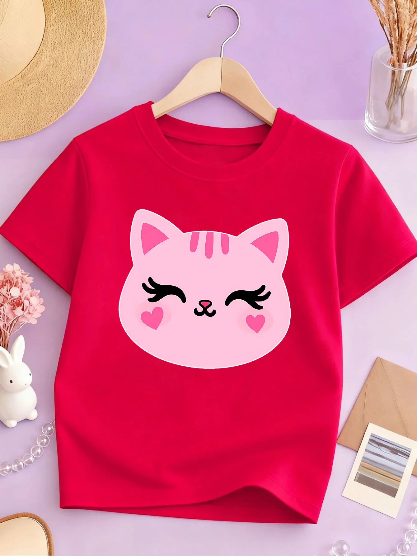 Cute Pink Heart Cat Face Cartoon Print Kids T Shirt Boys Girls Cotton Short Sleeve Parent Child Lovely Summer Casual Basic Tee