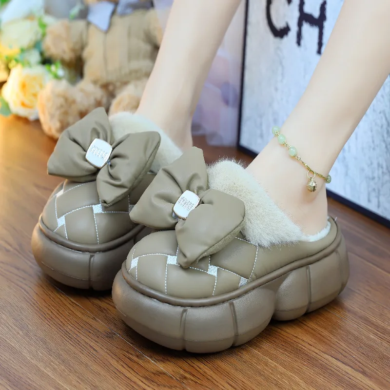 New Autumn waterproof mules shoes for women winter fluffy bow slippersoutoor fur slides  fashion 6 cm platform home slipper