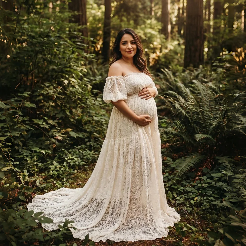Off Shoulder Puff Sleeve Lace Maternity Gown Cotton Thread Embroidered Dress Boho Maxi Dress For Maternity Photography Shoot