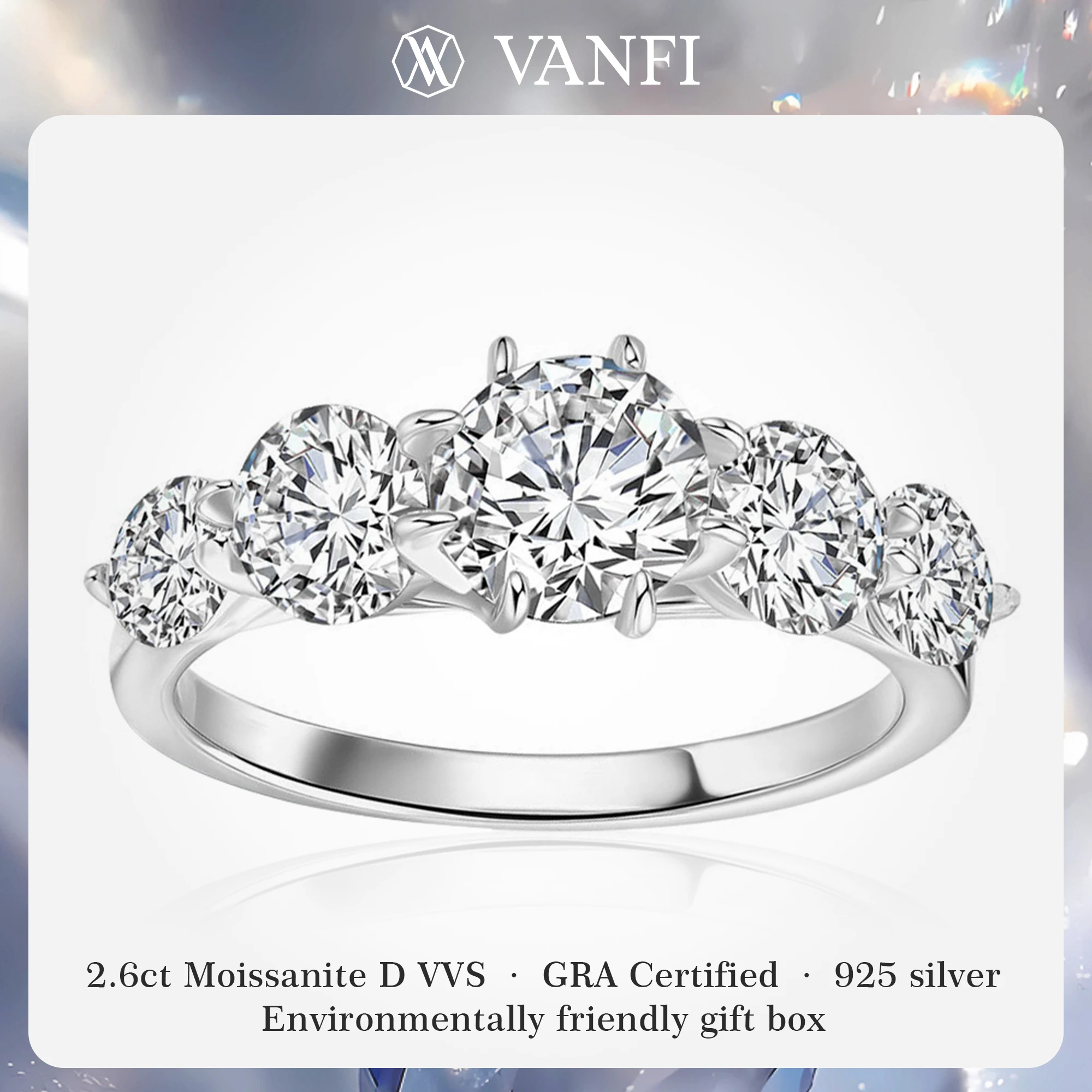 

KFVANFI 2.6CT Moissanite Ring 925 Sterling Silver White Gold Plated D Color VVS1 GRA Certified Engagement Ring Gift for Women