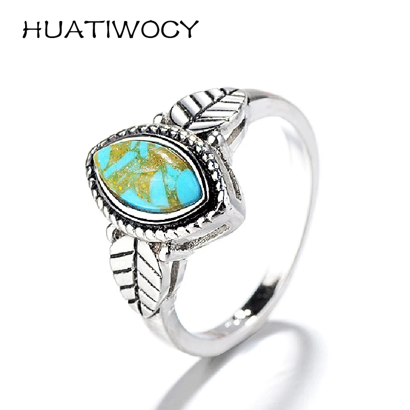 Vintage 925 Silver Jewelry Ring Accessories with Turquoise Gemstone Leaf Shape Finger Rings for Women Wedding Party Banquet Gift