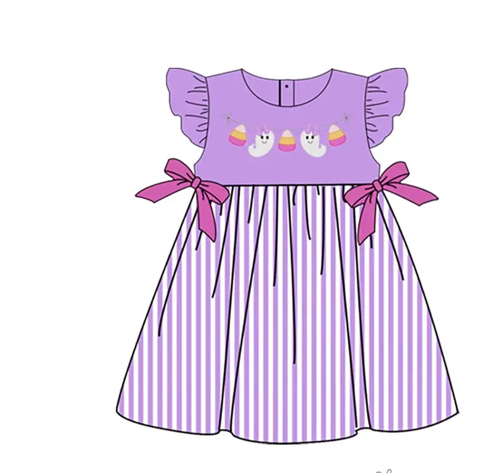 Kids Fall Halloween Outfit Toddler Girl Ghost & Candy Corn Print Purple Stripe Pants Sets Ruffle Dress Baby Romper