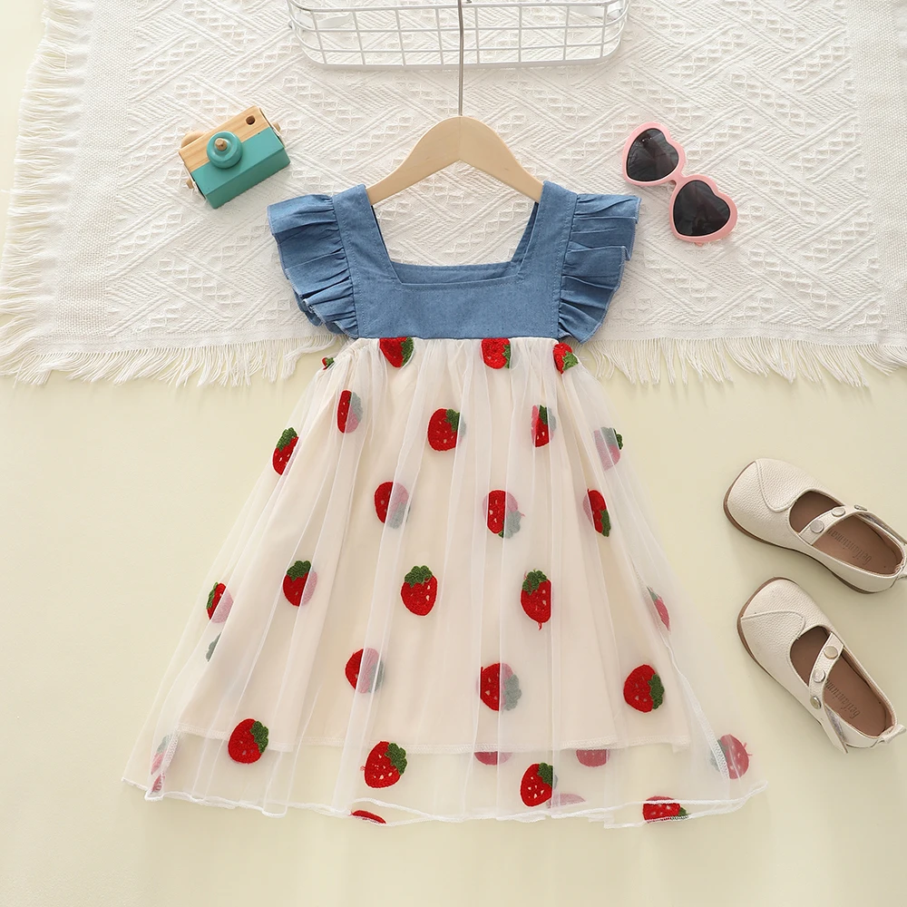 Girls Princess Dresses Summer Strawberry Embroidered Mesh Splicing Cowboy Flying Sleeve Dress Comfortable Children's Clothing