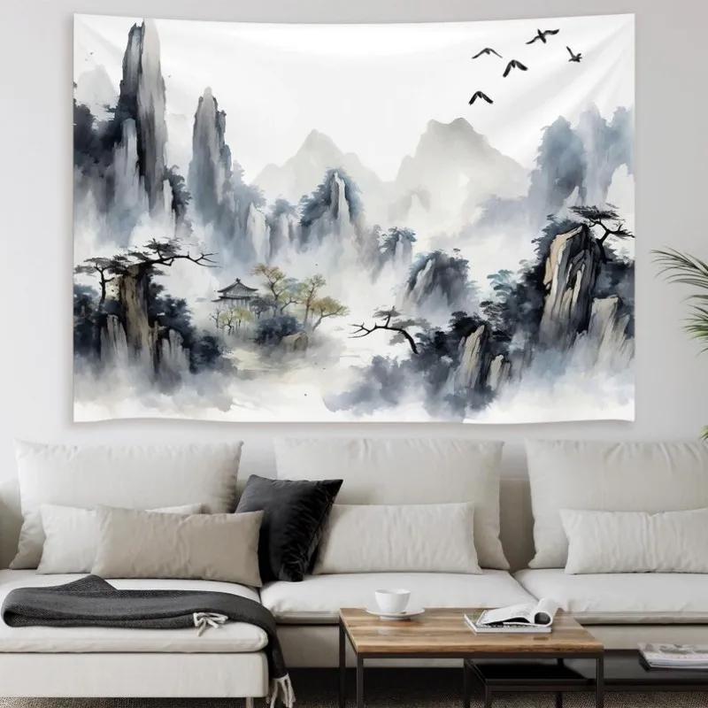 VIKAMA Chinese Ink Wash Mountain Tapestry Oriental Landscape Wall Hanging for Bedroom Living Room Home Decor