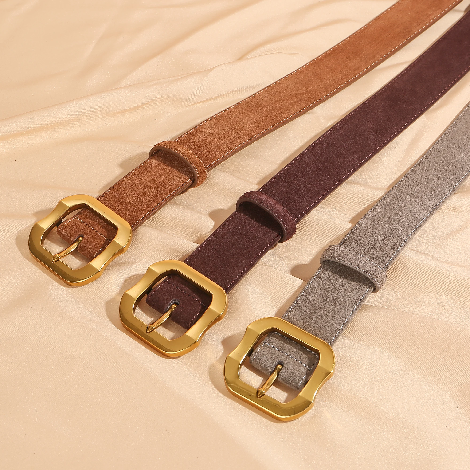 여성용 천연 가죽 벨트, 빈티지 스웨이드 캐주얼 벨트 금색 버클, 청바지 바지 드레스용 패션 액세서리