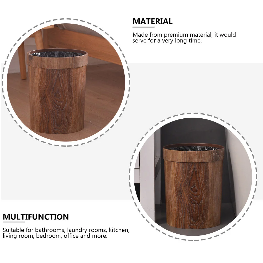 Wood Grain Trash Can Garbage Container Simple Basket with Lid Car Decor Rubbish Holder for Home Cover Uncovered Waste Bin