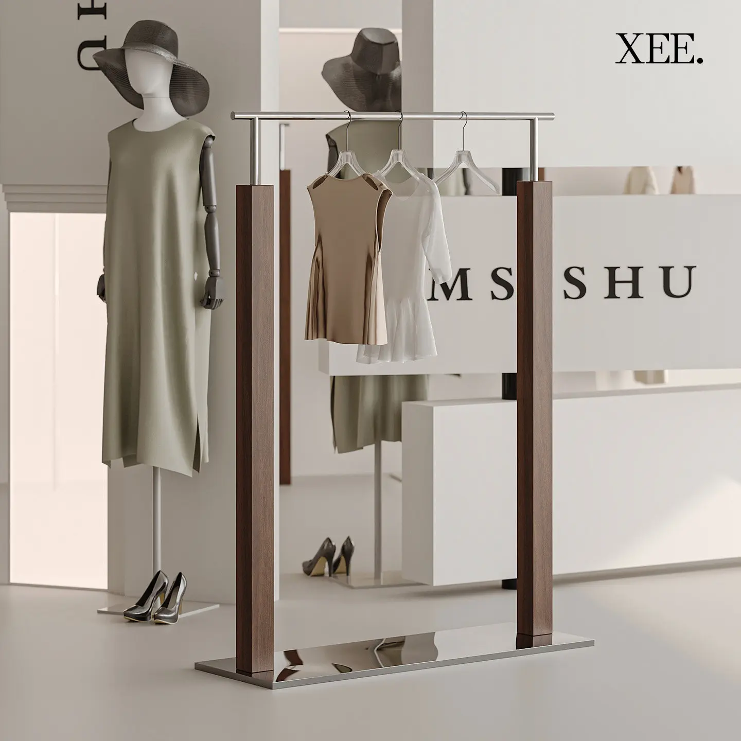 

Стеллаж для демонстрации одежды из нержавеющей стали от пола до потолка, усиленная вешалка для женской одежды в магазине.