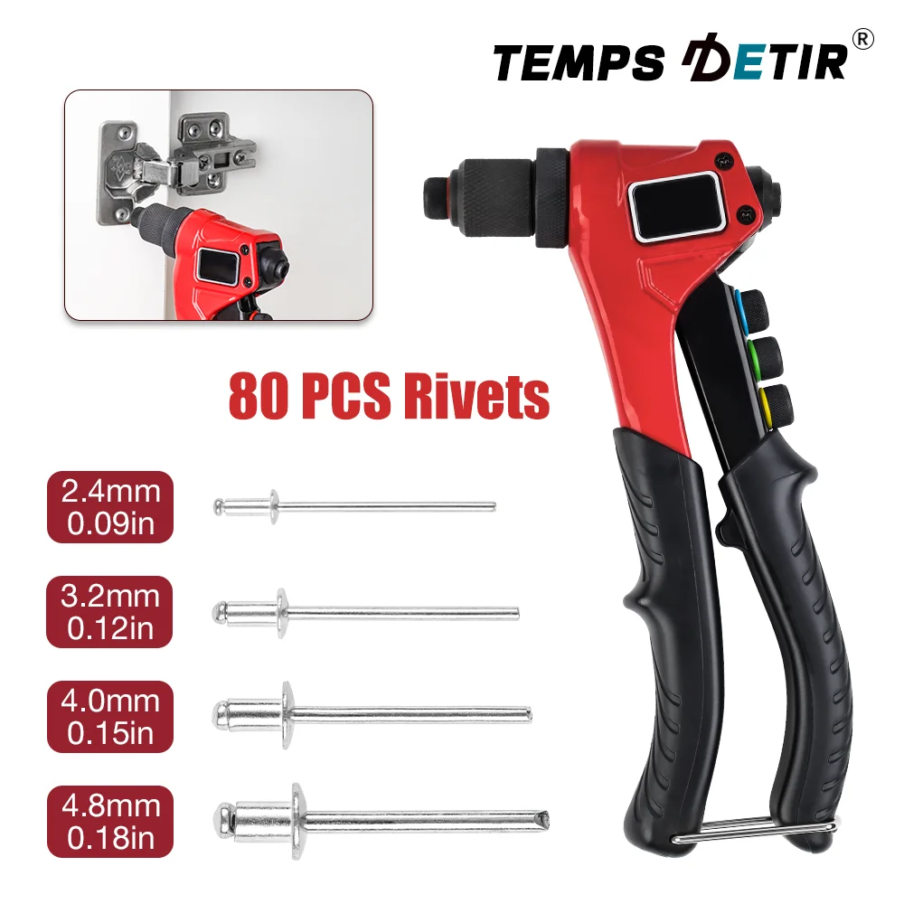 برشام يدوي 2.4 مم/3.2 مم/4.0 مم/4.8 مم، بما في ذلك 80 قطعة برشام، أداة تثبيت برشام سريعة الإدخال للاستخدام المنزلي، برشام لاسلكي