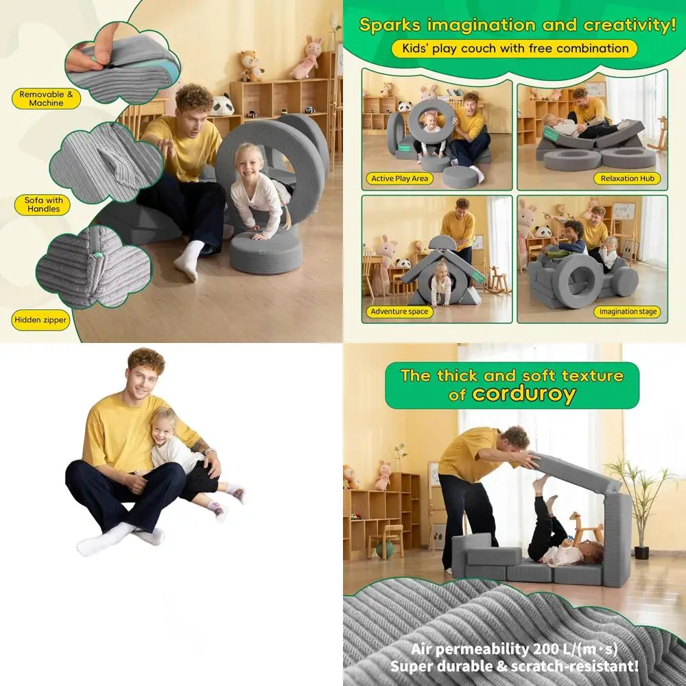 

16-Piece Modular Toddler Play Couch, Foldable Fort Sofa for Kids' Playroom and Bedroom, Unisex Grey Explorer Cushion Set