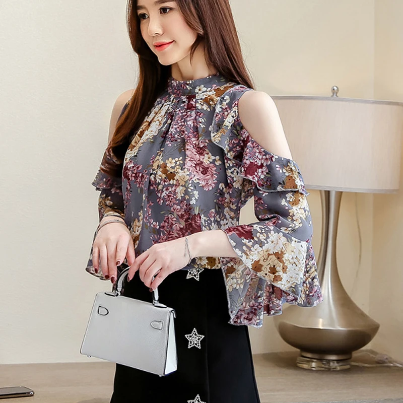 Short Sleeve Chiffon Blouses for Women, Sweet Butterfly Sleeve Tops, Off Shouer Shirts, Floral Print Clothes 5388 50