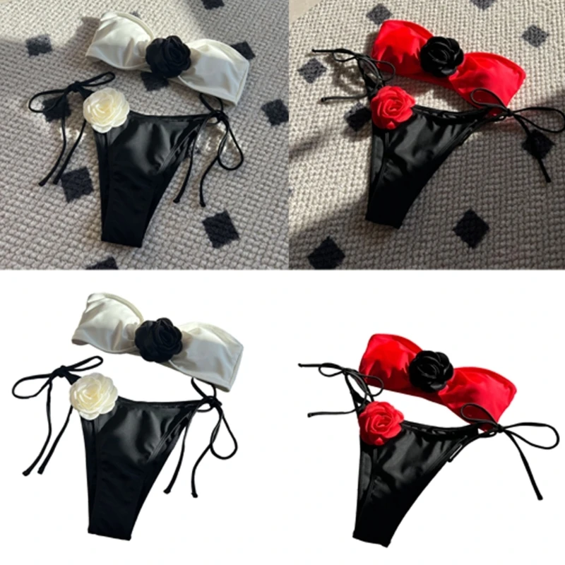 Womens 3D Flower Bandeau Swimsuits Sexy Strapless Bikinis Set 2 Pieces Swimwear Ladies Lace Up Bathing Suit Beachwear