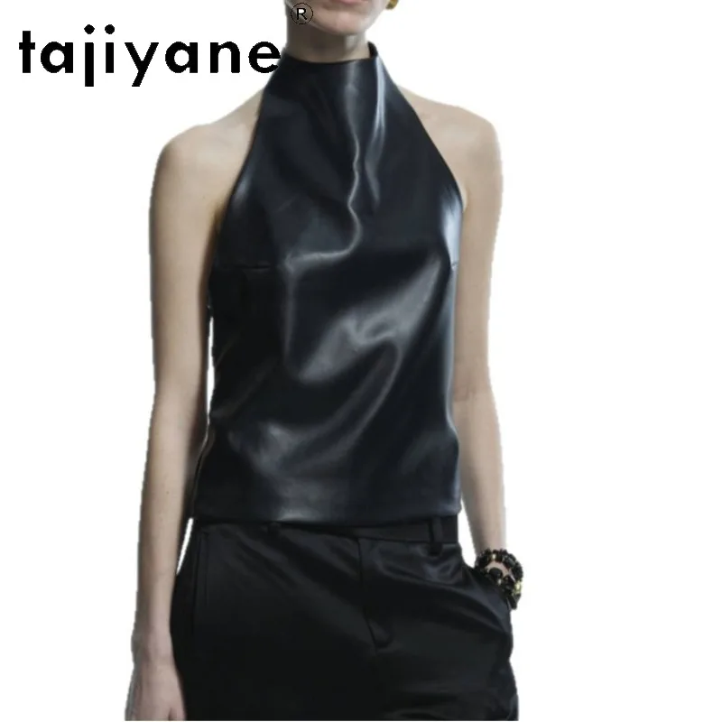 TAJIYANE Genuine Leather Jacket Women Top Black Semi-Tanned Sheepskin Waistcoat Sexy Halter Vest Backless Veste Femme Sleeveless