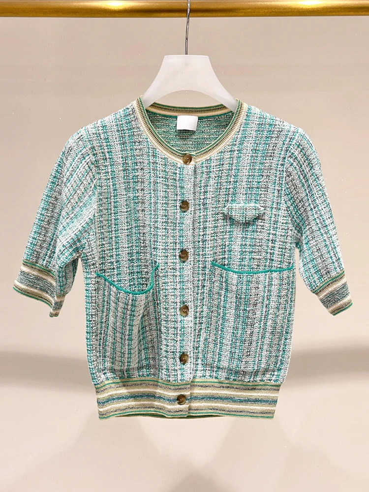

High-End Summer 2025 Women's ort Knitted Cardigan Coat Floral Embroidery Striped Design Commute Sle round Ne Button up