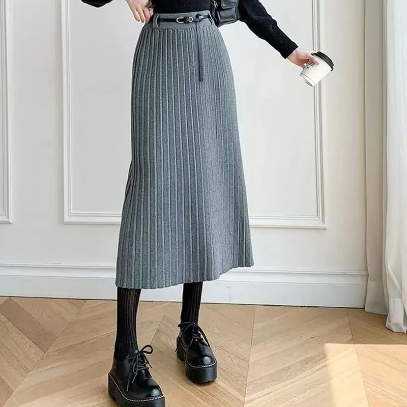 

Autumn Winter Knitted Pleated Skirt Women Fashion Solid High Waist Elastic Work Midi Long Skirt