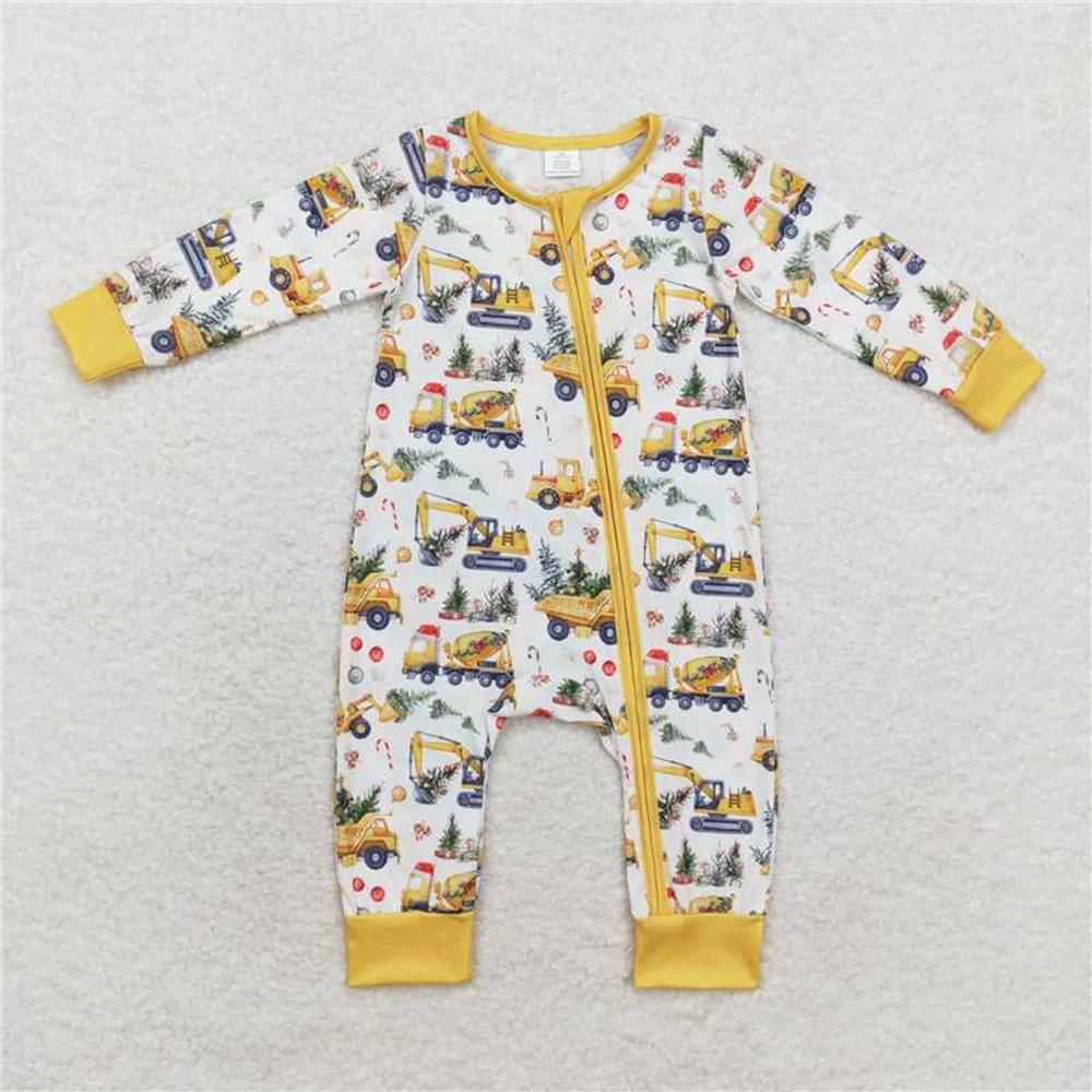 LR1332 Boutique Kids Clothes Baby Boy Clothes Long Sleeves Modal Christmas tree enginee Print With Jumpsuit Children Clothes Rts