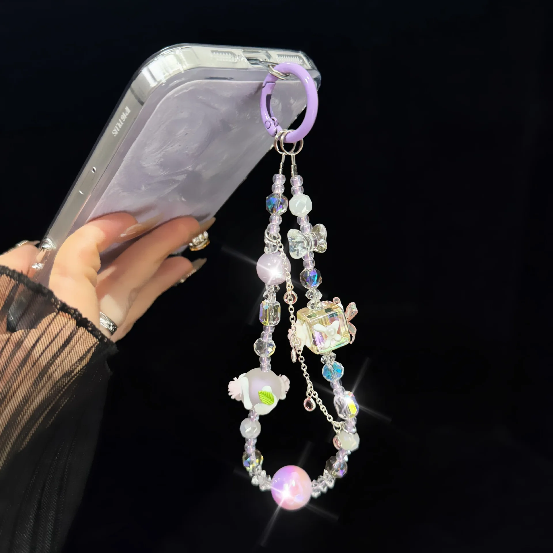 

Hand-Painted Bow Mobile Phone Chain Fashionable Double-Layer Crystal Beaded Car Keychain Resin Decorative Chain Bag Pendant