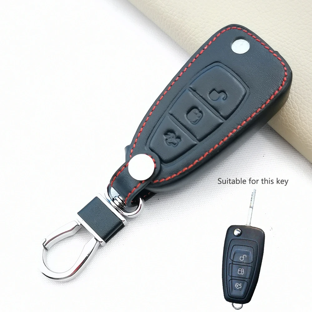 Leather Car Key Chain Ring Cover Case Holder For Ford Focus 2 3 4 MK2 MK3 MK4 Kuga Edge Mondeo Fusion Ecosport Fiesta