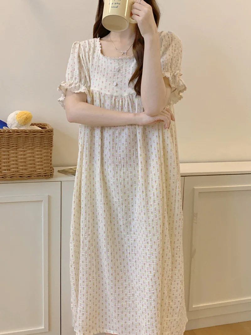 

Летнее ночное платье с цветами тюльпана, женское повседневное корейское ночное платье с квадратным воротником и короткими рукавами, свободная хлопковая ночная рубашка, длинная ночная рубашка