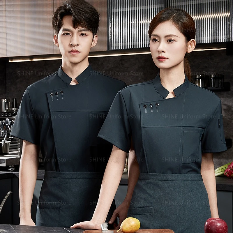 Abrigo de Chef de verano negro para hombre, chaqueta de Chef de Hotel con Logo, abrigo de cocina, delantal, uniforme de Chef de manga corta, ropa de restaurante