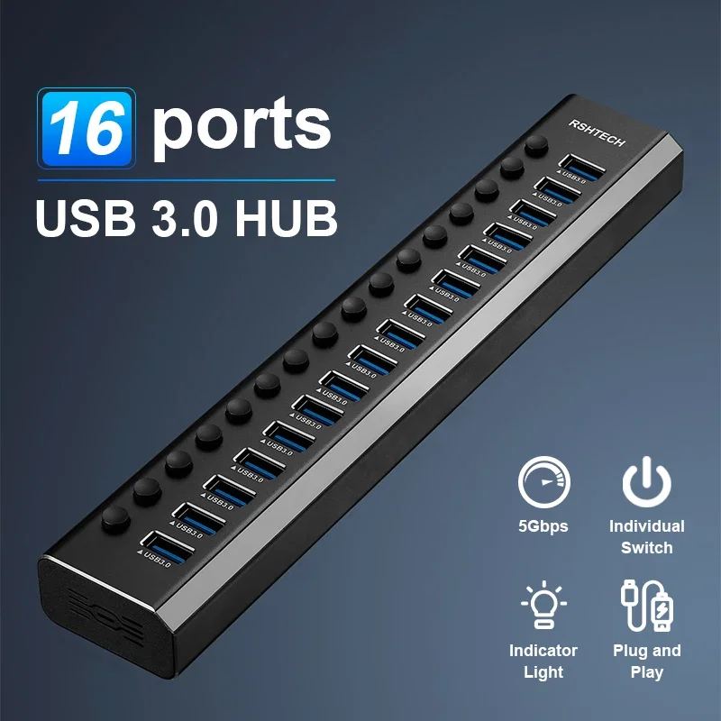 

USB Hub Aluminum 10/13/16 Port Expander USB 3.0 Data Hub Splitter Individual on/Off Switches for Laptop