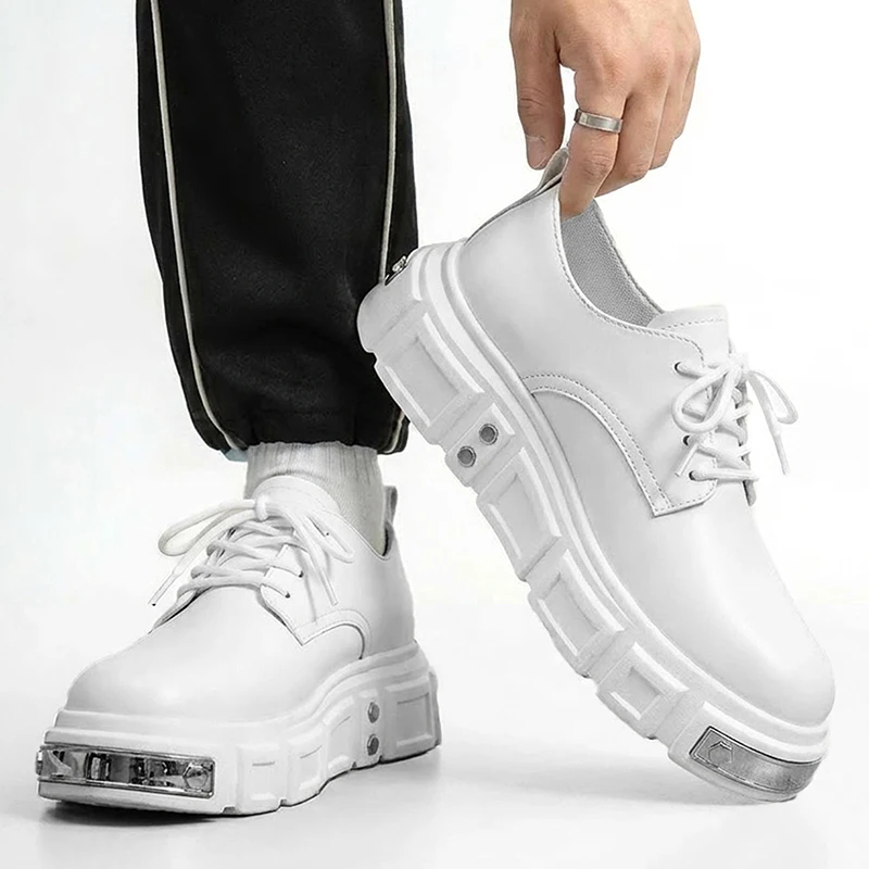 Men Black Thick Sole Derby Shoes Platform Leather Sneakers Chunky Lace Up Casual Walking Shoes with Metal Detail