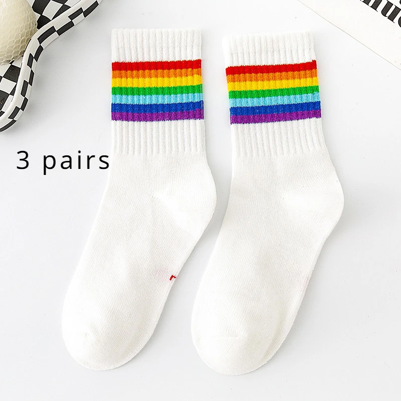 3 Pairs of Kids' Rainbow Striped Fashion Trend Cool for Boys and Girls Comfortable Breathable Student Cotton Socks