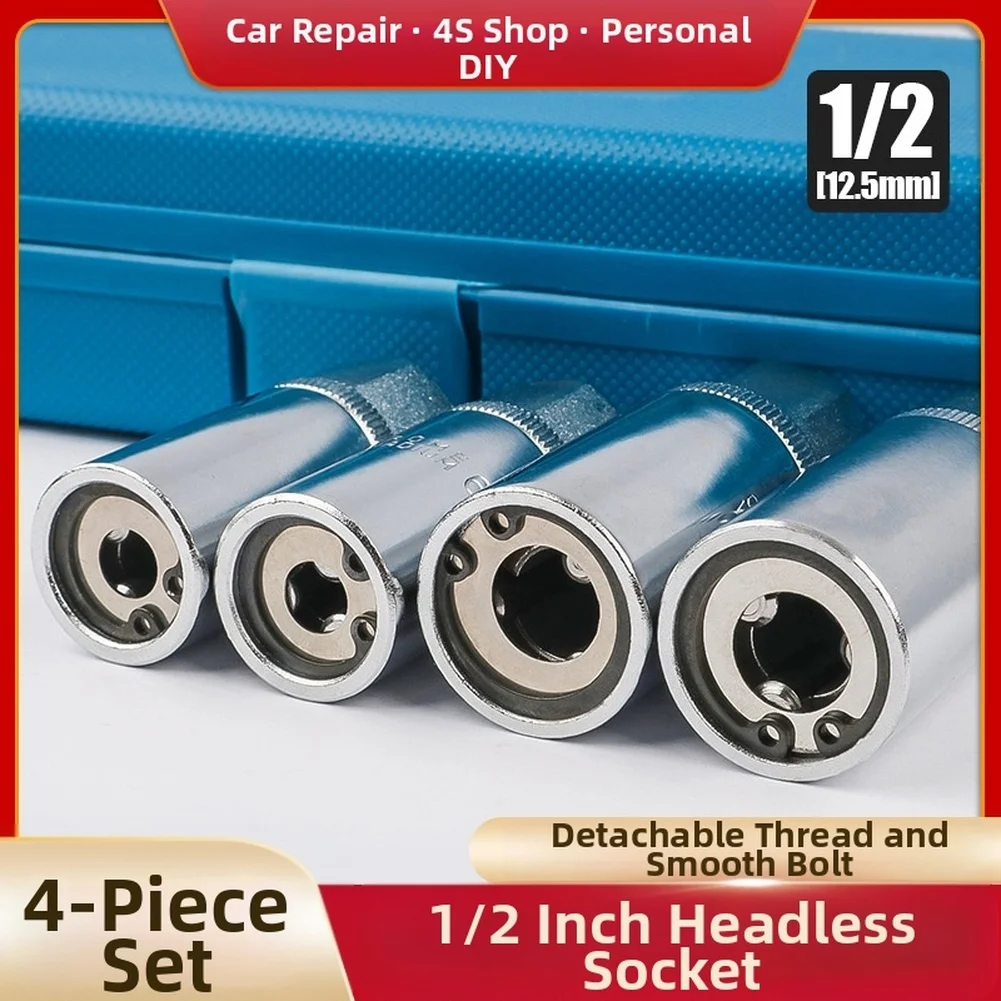 Headless Screw Bolt Extractor Thread Remover Tool Set 4pcs 1/2 Inch Drive Chrome Vanadium Steel Stud Sliding Thread Disassembler
