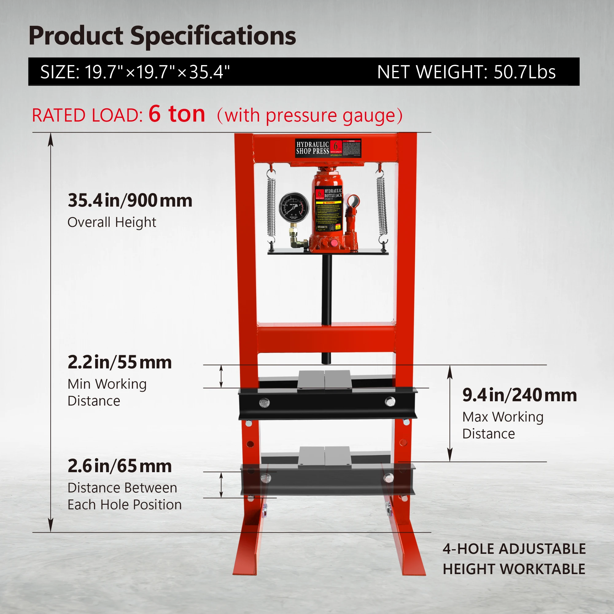 6 Ton Hydraulic Shop Floor Press, with pressure gauge Steel H-Frame Shop Press with Steel Plates Adjustable Working Table, Red