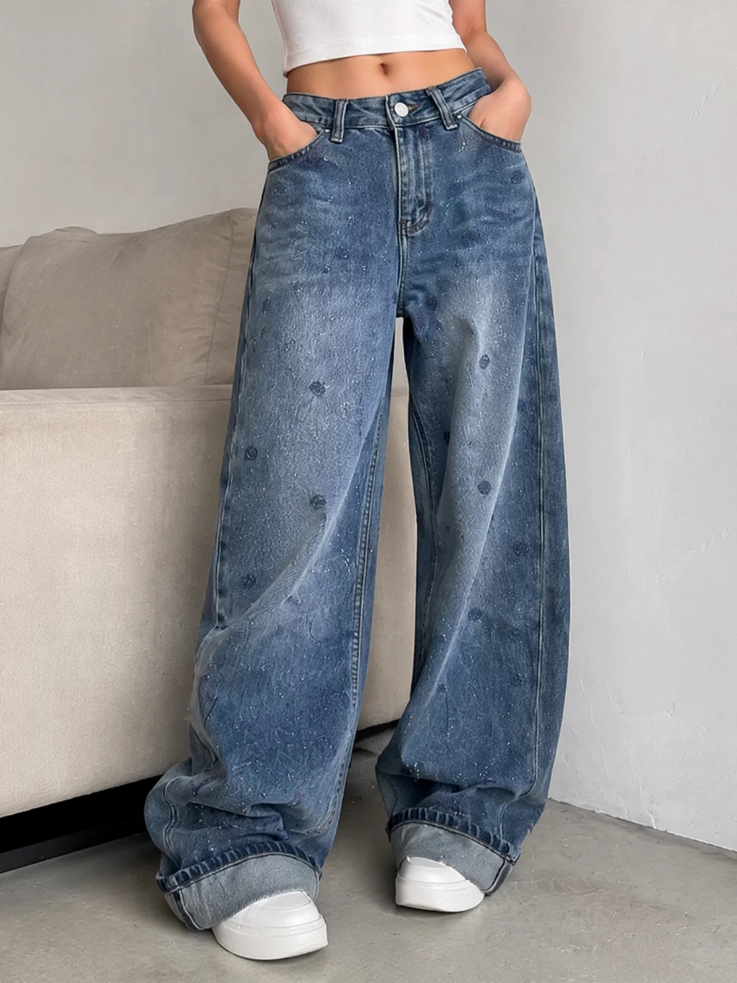 Embroidered Wide Leg Denim Jeans Women's High Waist Straight Cut Floor Length Slimming Pants Commute Style Korean Fashion